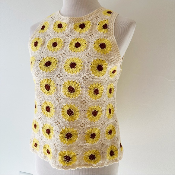 Rebellion Again Crochet Tank Sunflowers Cream Yellow Small Boho Festival Granny - Picture 2 of 16